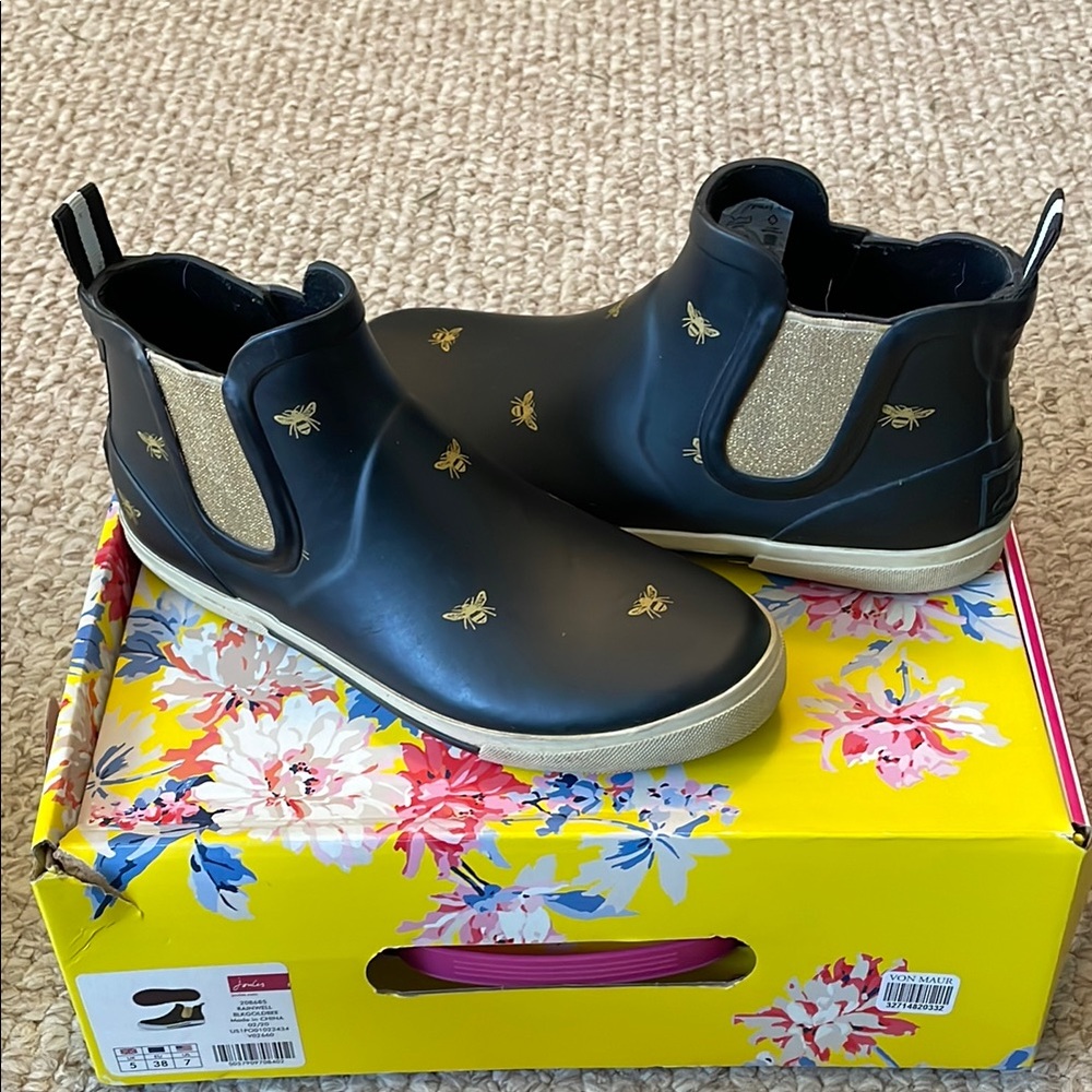 Joules Black Ankle Boots with Gold Bee Design